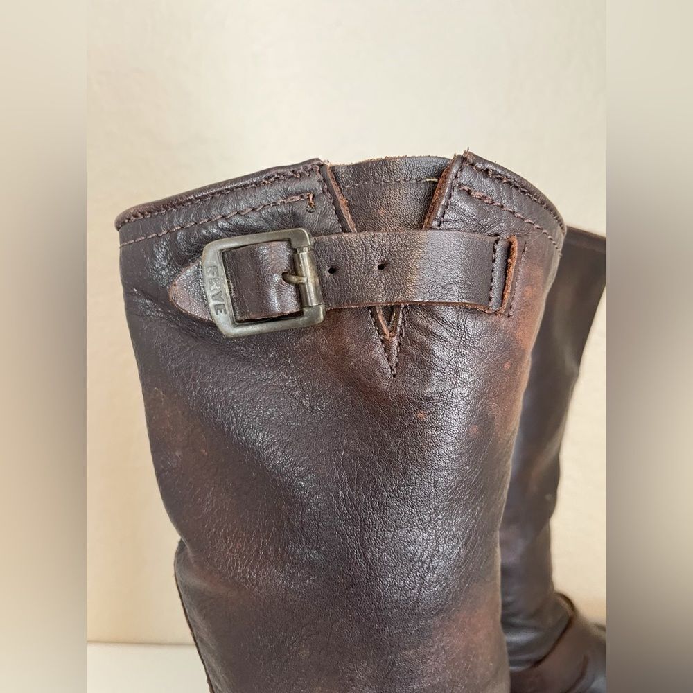 Frye Vintage Veronica tall buckle Slouchy Moto Boots in chocolate brown. 11 - Picture 6 of 15